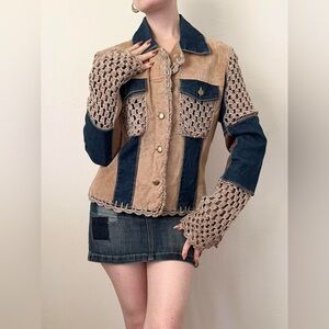 90s Vintage Patchwork Leather, Denim & Crochet Jacket